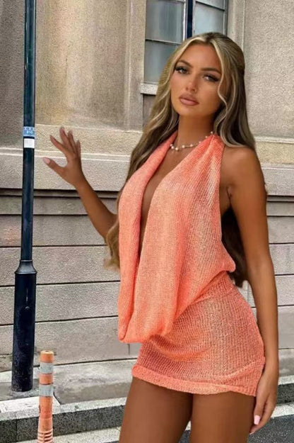 Sexy Backless Halter Neck Knitted Bodycon Mini Party Dress