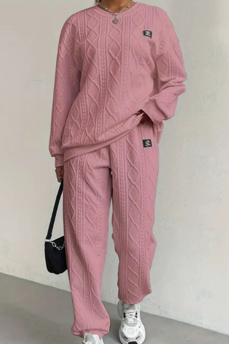 Conjunto informal básico de dos piezas con cuello redondo y manga larga (7 colores)