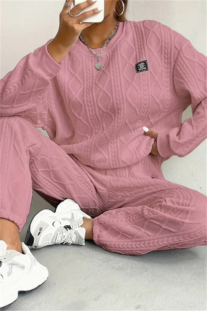 Conjunto informal básico de dos piezas con cuello redondo y manga larga (7 colores)