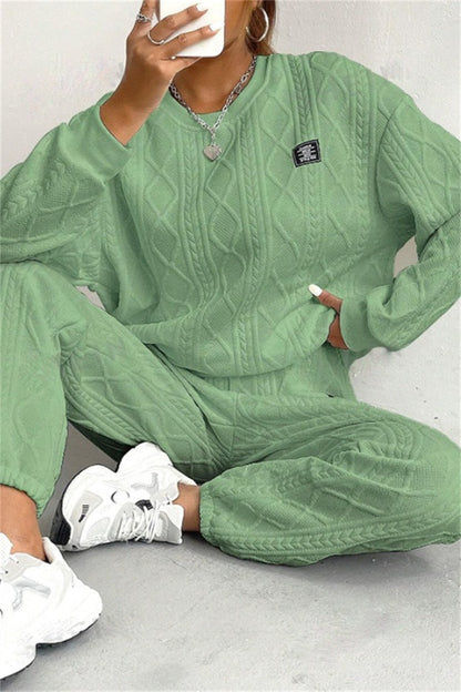 Conjunto informal básico de dos piezas con cuello redondo y manga larga (7 colores)
