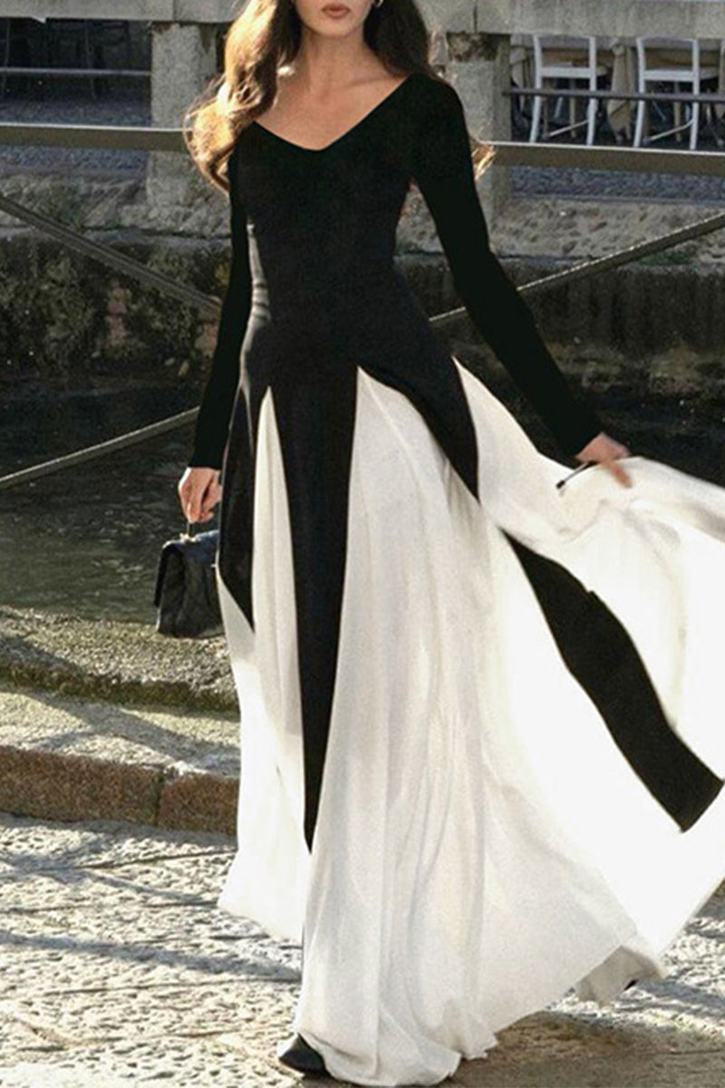 Elegantes vestidos largos con escote en V y patchwork en contraste