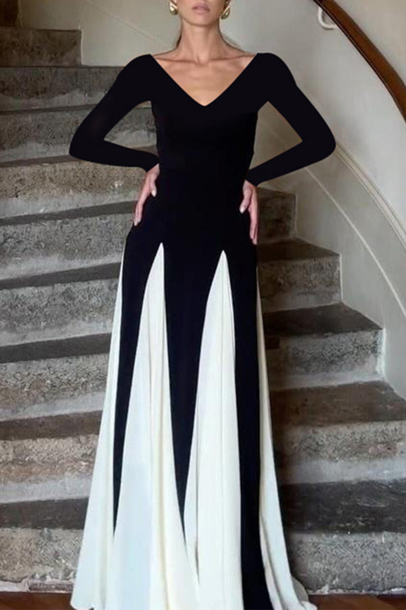 Elegantes vestidos largos con escote en V y patchwork en contraste