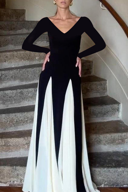 Elegantes vestidos largos con escote en V y patchwork en contraste