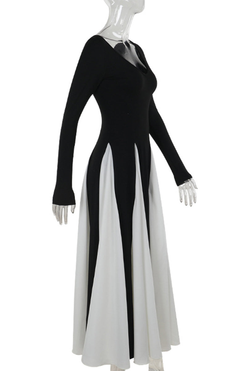 Elegantes vestidos largos con escote en V y patchwork en contraste