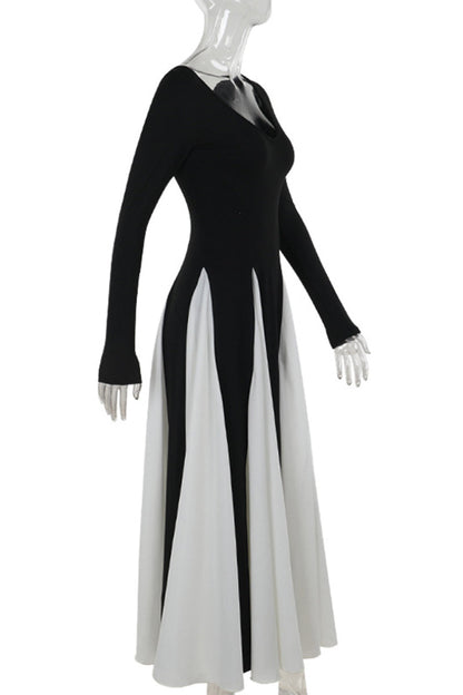 Elegantes vestidos largos con escote en V y patchwork en contraste