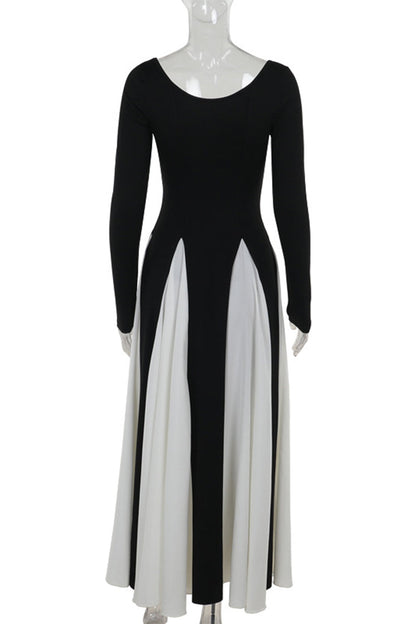 Elegantes vestidos largos con escote en V y patchwork en contraste