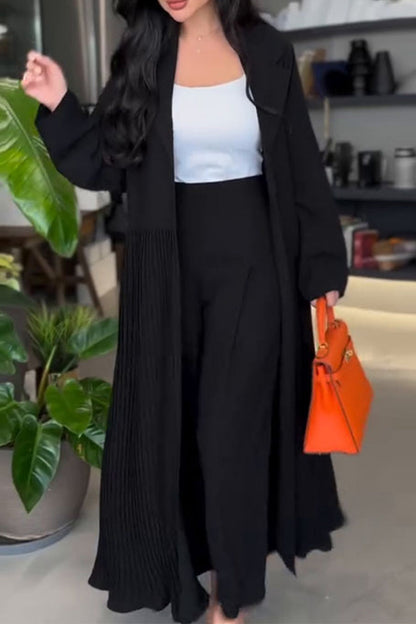 Conjunto informal de dos piezas con cuello vuelto, plisado y manga larga (4 colores)