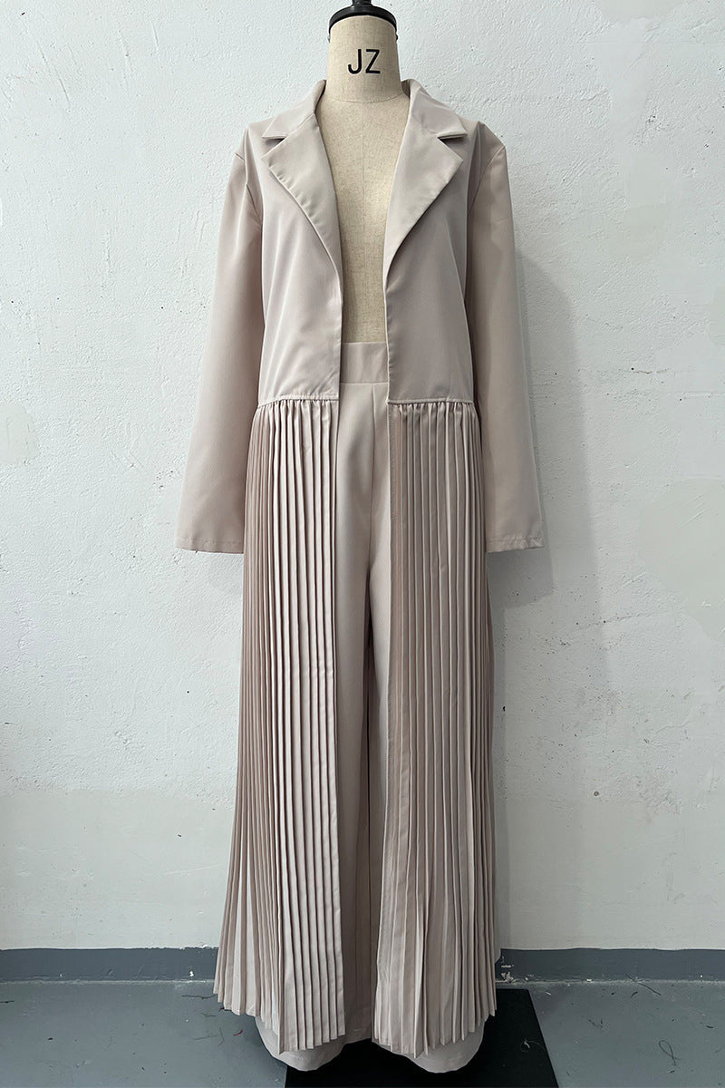 Conjunto informal de dos piezas con cuello vuelto, plisado y manga larga (4 colores)