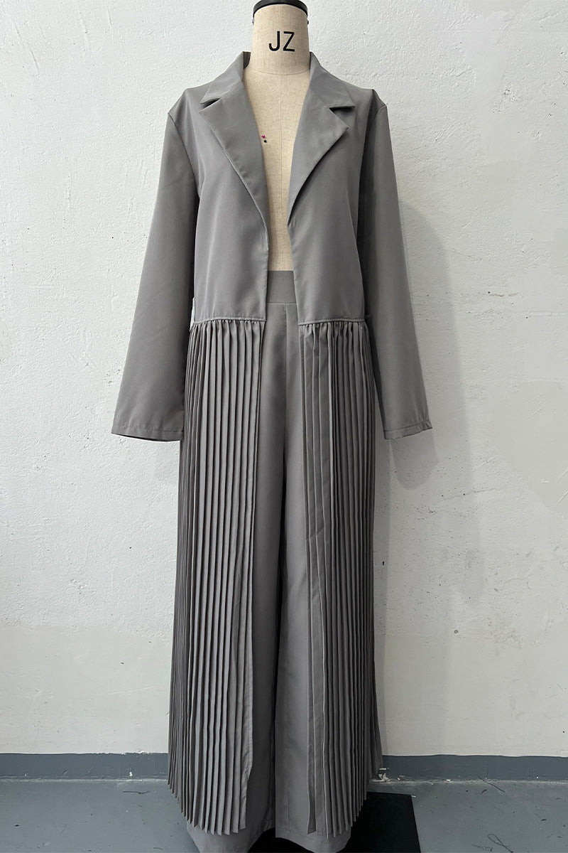 Conjunto informal de dos piezas con cuello vuelto, plisado y manga larga (4 colores)