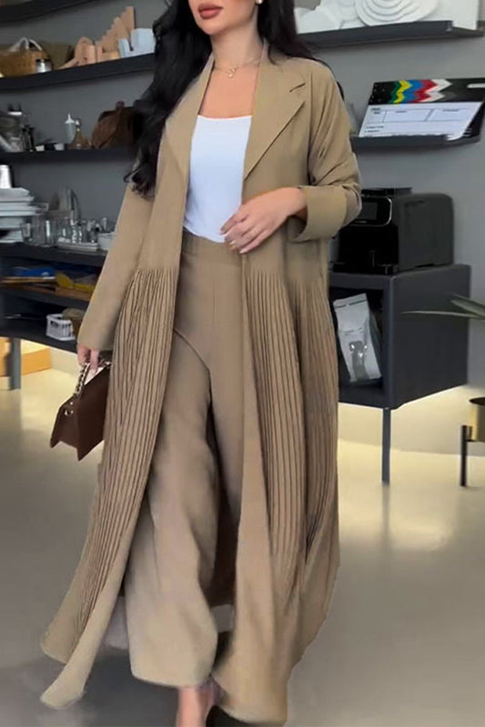Conjunto informal de dos piezas con cuello vuelto, plisado y manga larga (4 colores)