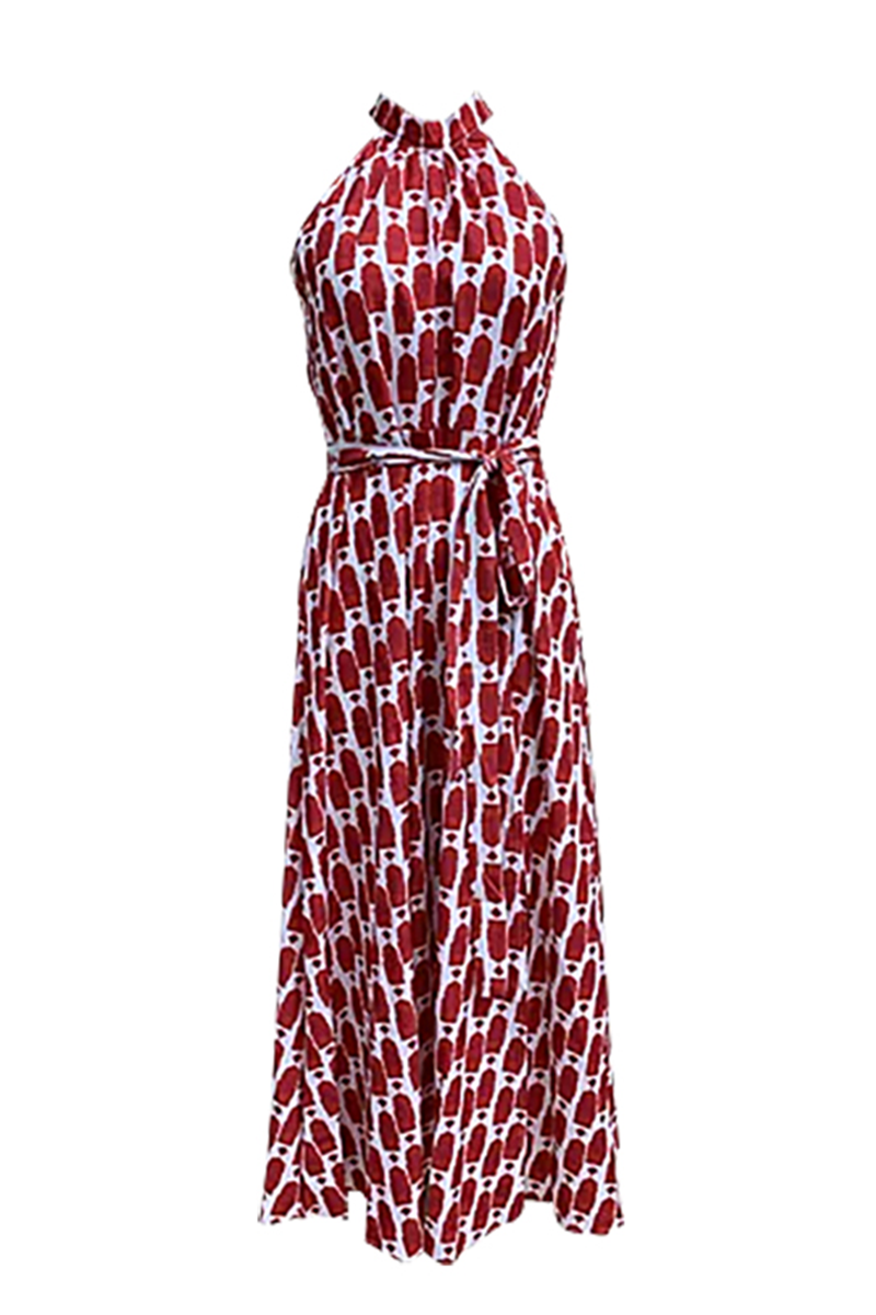 Vestidos elegantes de vacaciones con estampado geométrico, encaje, abertura en contraste, cuello halter, sin mangas