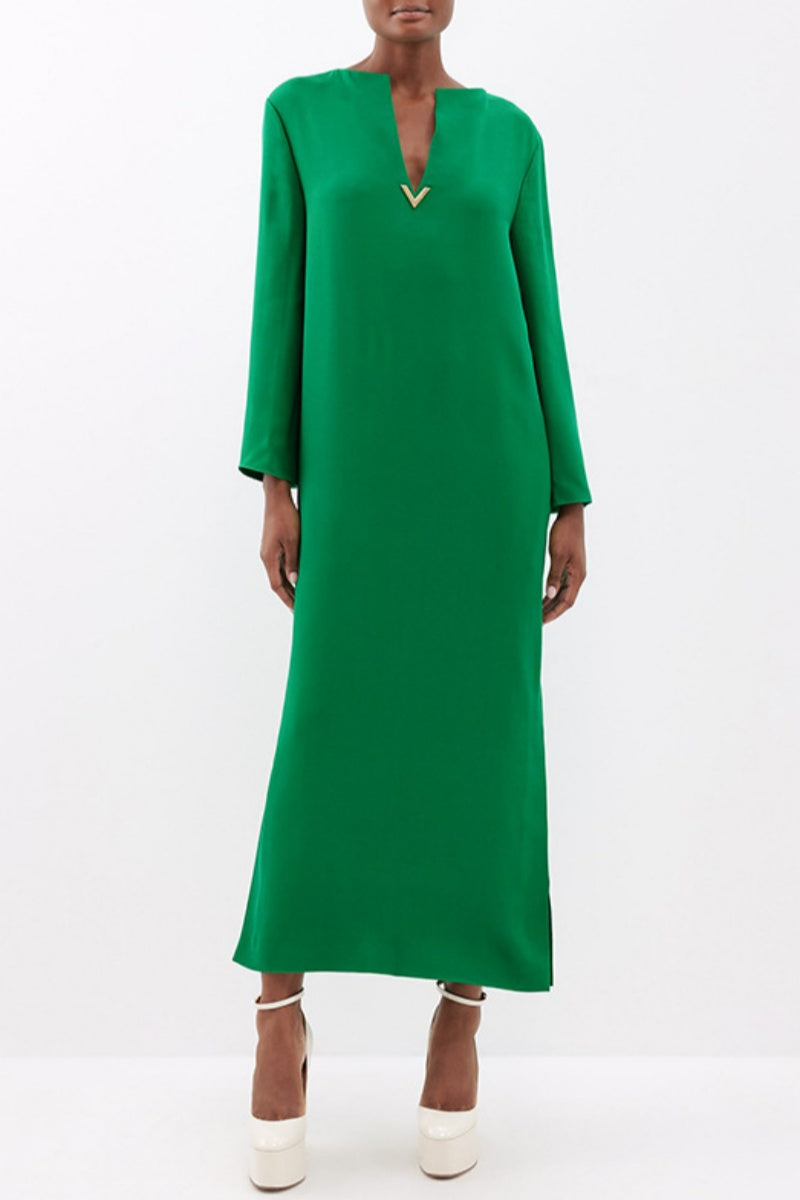 Vestidos largos casuales de color sólido con abertura y escote en V