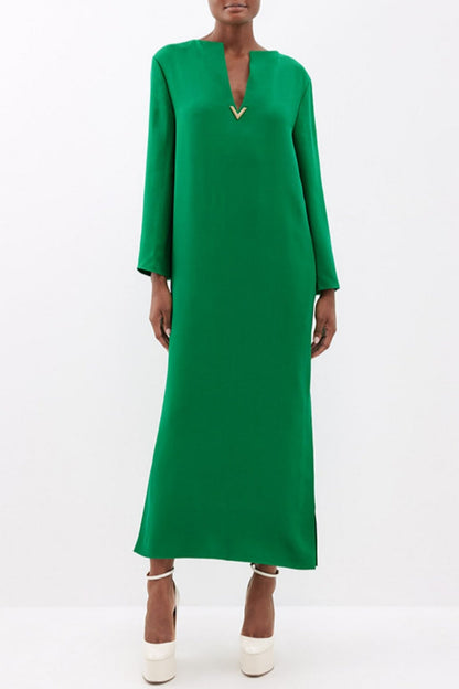 Vestidos largos casuales de color sólido con abertura y escote en V