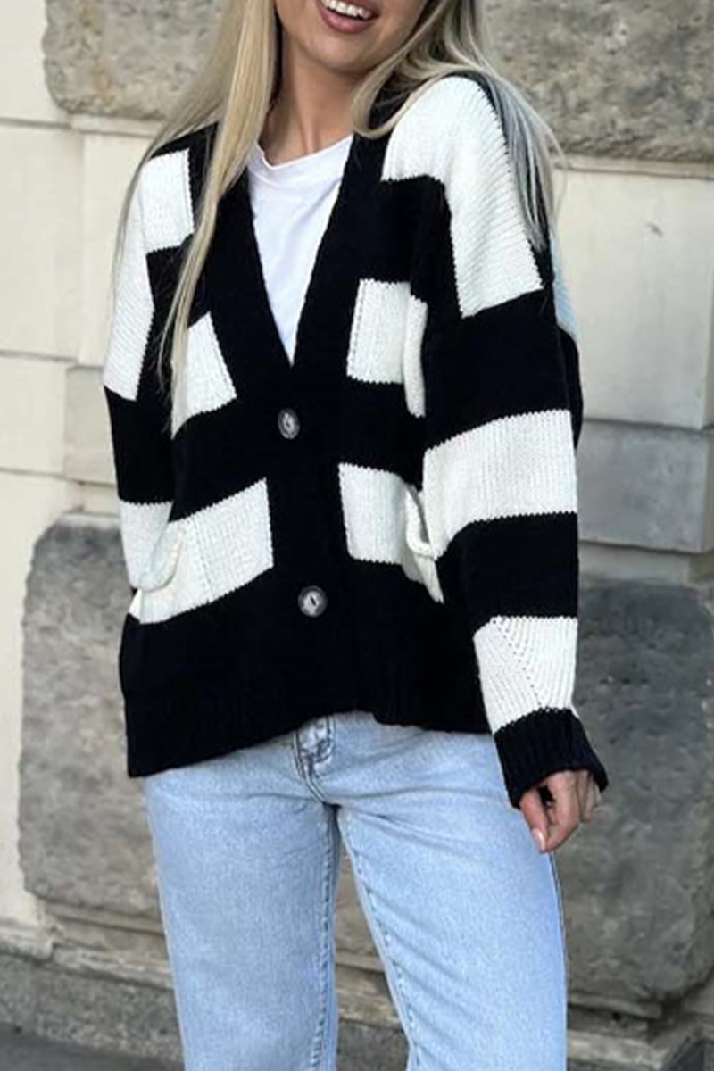 Prenda exterior informal de rayas urbanas con bolsillos y patchwork, cuello en V en contraste (4 colores)