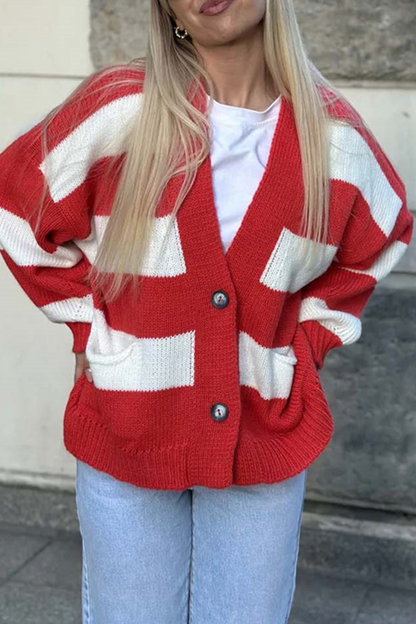 Prenda exterior informal de rayas urbanas con bolsillos y patchwork, cuello en V en contraste (4 colores)