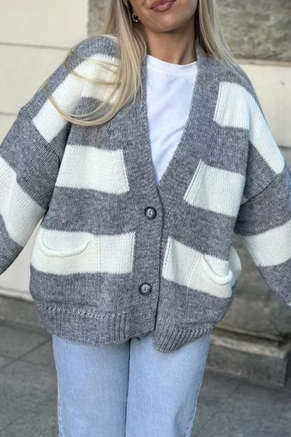 Prenda exterior informal de rayas urbanas con bolsillos y patchwork, cuello en V en contraste (4 colores)