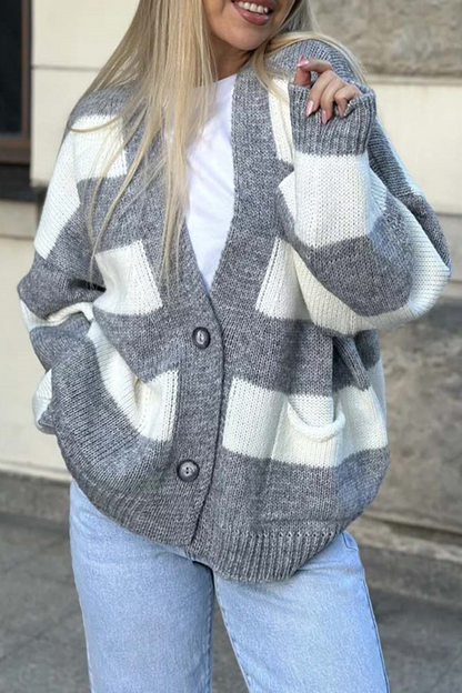 Prenda exterior informal de rayas urbanas con bolsillos y patchwork, cuello en V en contraste (4 colores)