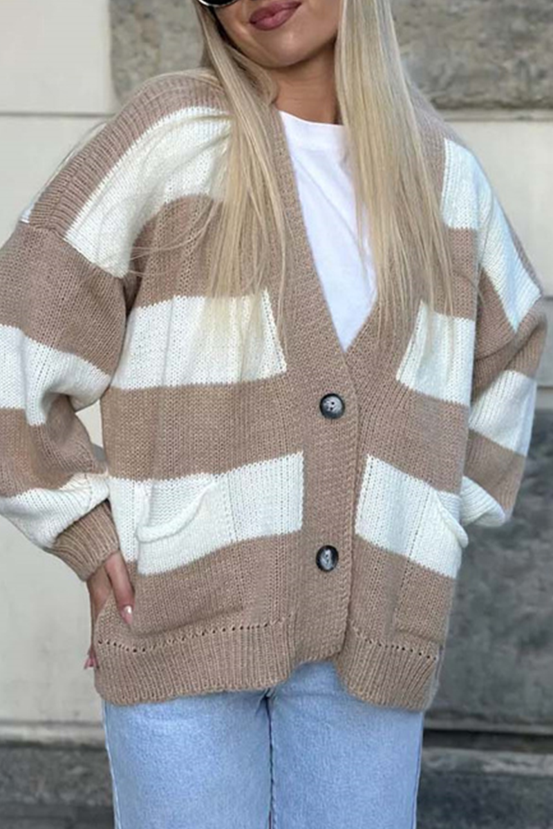 Prenda exterior informal de rayas urbanas con bolsillos y patchwork, cuello en V en contraste (4 colores)
