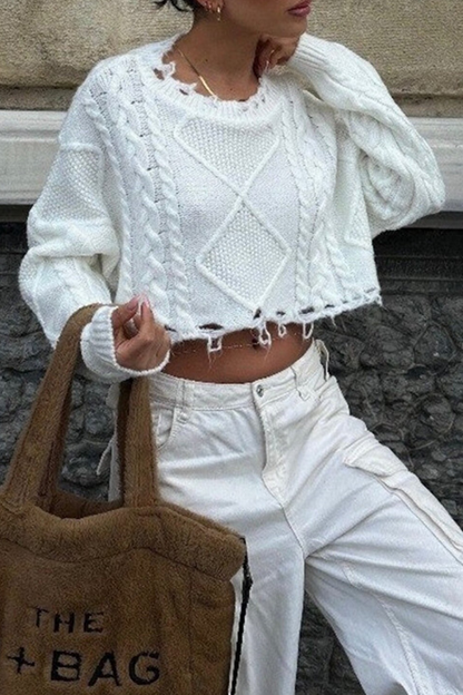 Suéteres casuales de cuello redondo con tejido rasgado de color sólido