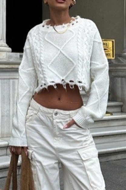 Suéteres casuales de cuello redondo con tejido rasgado de color sólido