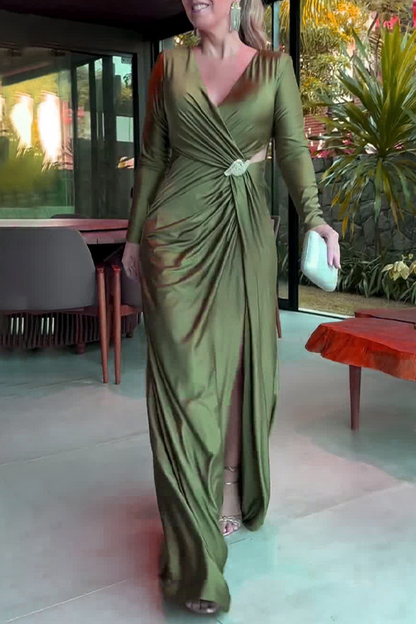 Prom Elegant Hollow Out Slit Ruched V Neck Evening Dresses(4 Colors)