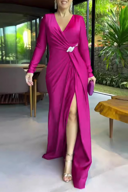 Prom Elegant Hollow Out Slit Ruched V Neck Evening Dresses(4 Colors)