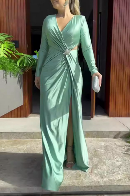 Prom Elegant Hollow Out Slit Ruched V Neck Evening Dresses(4 Colors)