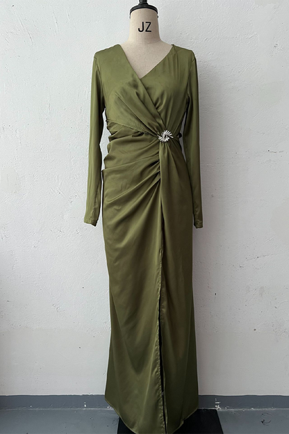 Prom Elegant Hollow Out Slit Ruched V Neck Evening Dresses(4 Colors)