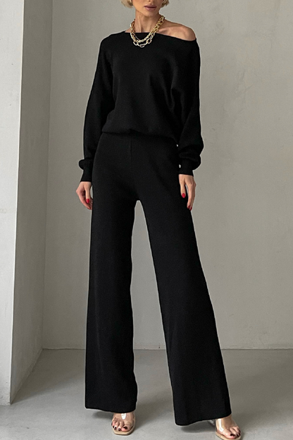 Conjunto informal de dos piezas con cuello oblicuo irregular y manga larga (3 colores)