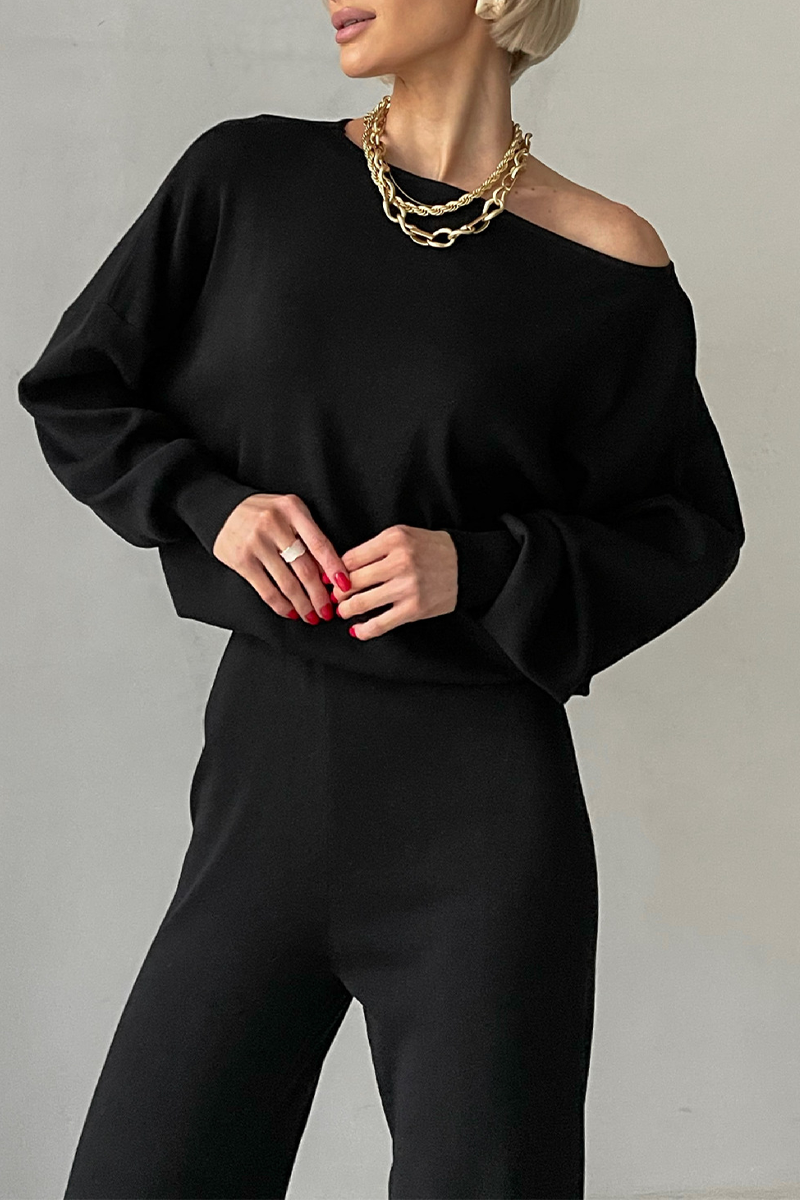 Conjunto informal de dos piezas con cuello oblicuo irregular y manga larga (3 colores)