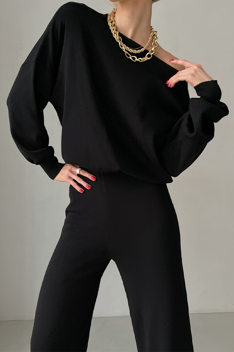 Conjunto informal de dos piezas con cuello oblicuo irregular y manga larga (3 colores)