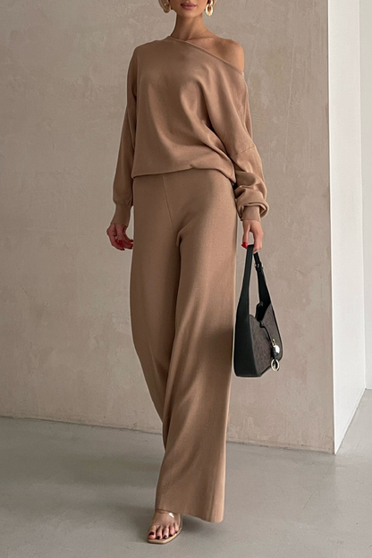 Conjunto informal de dos piezas con cuello oblicuo irregular y manga larga (3 colores)