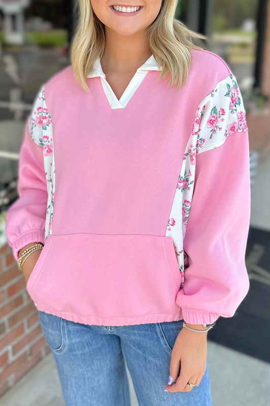Sudadera informal con cuello vuelto, estampado de flores y patchwork en bolsillos