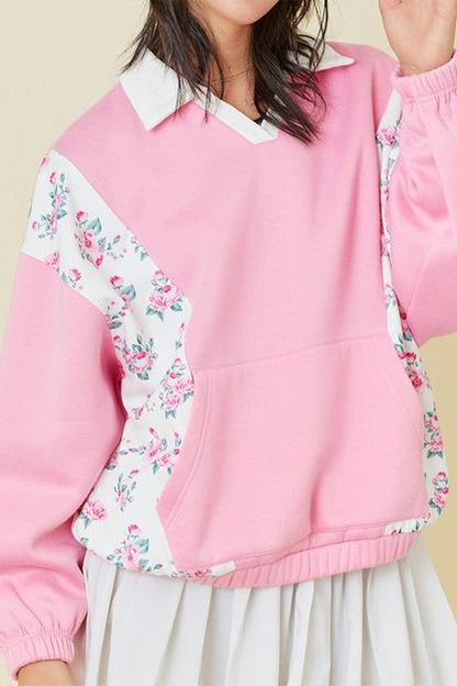 Sudadera informal con cuello vuelto, estampado de flores y patchwork en bolsillos