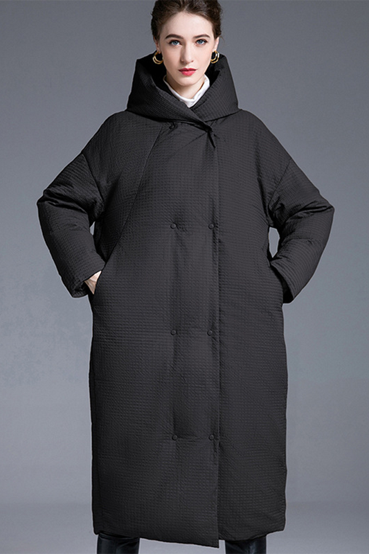 Casual Pocket Buttons White duck down Hooded Outerwear(Down content 86%~90%)