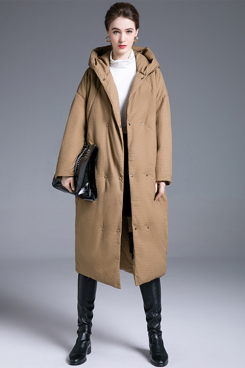 Casual Pocket Buttons White duck down Hooded Outerwear(Down content 86%~90%)