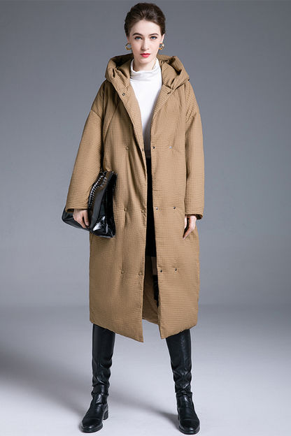 Casual Pocket Buttons White duck down Hooded Outerwear(Down content 86%~90%)