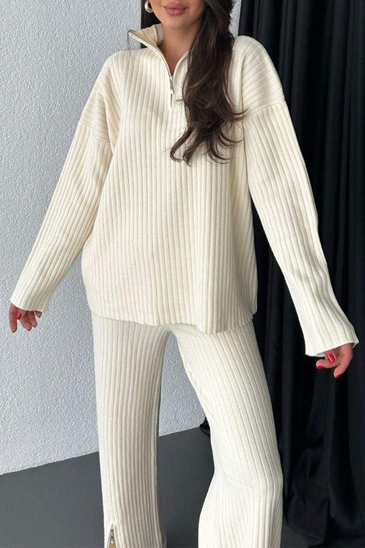 Conjunto informal de dos piezas con bolsillo, cremallera, cuello vuelto, manga larga (3 colores)