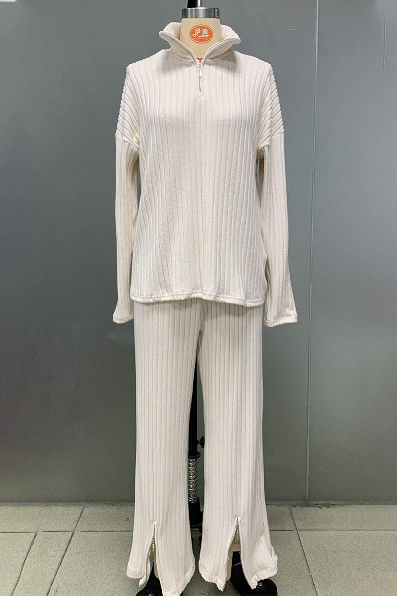 Conjunto informal de dos piezas con bolsillo, cremallera, cuello vuelto, manga larga (3 colores)