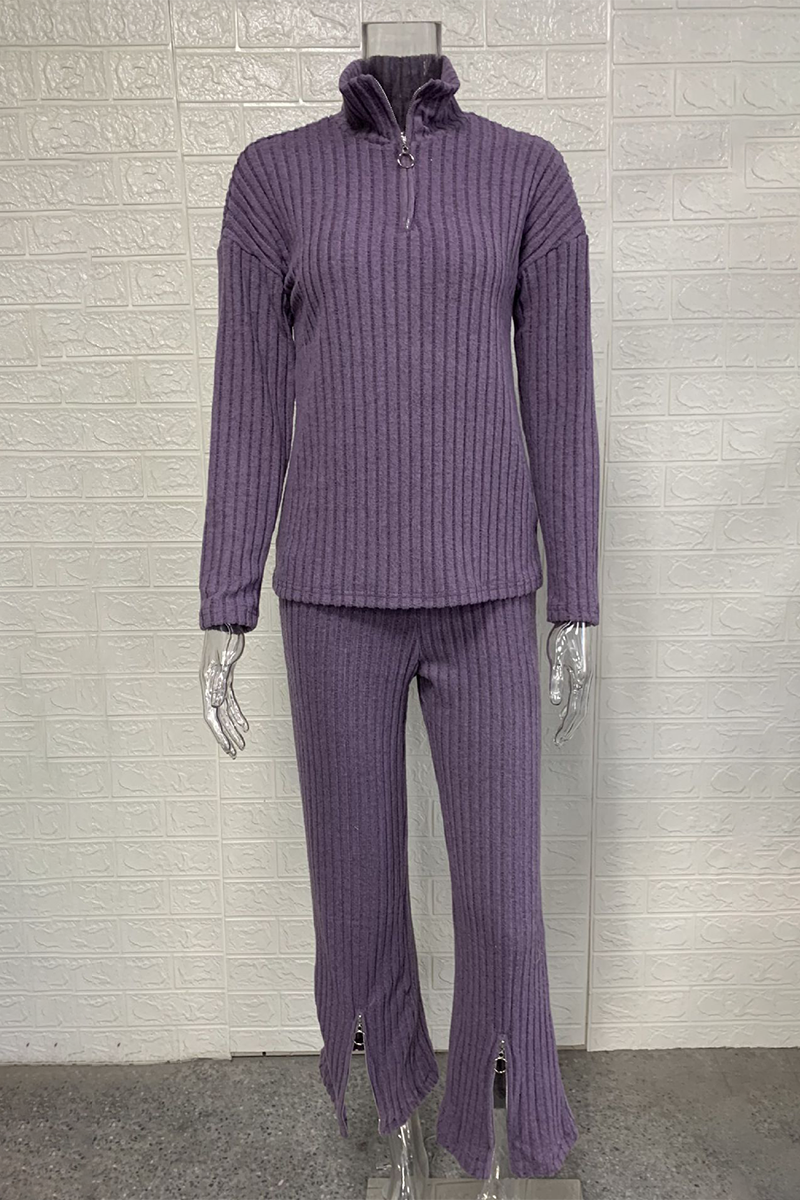 Conjunto informal de dos piezas con bolsillo, cremallera, cuello vuelto, manga larga (3 colores)