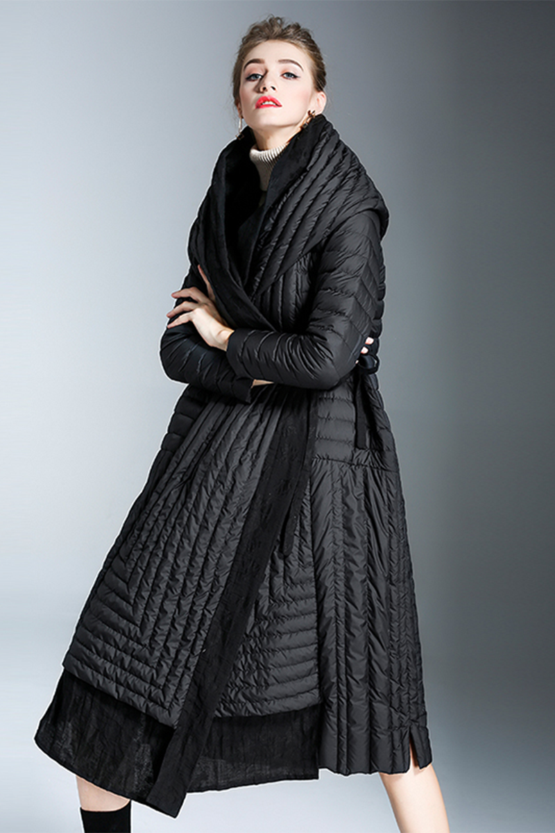 Casual Lace Up Patchwork Texture White duck down Hooded Outerwear(Down content 86%~90%)