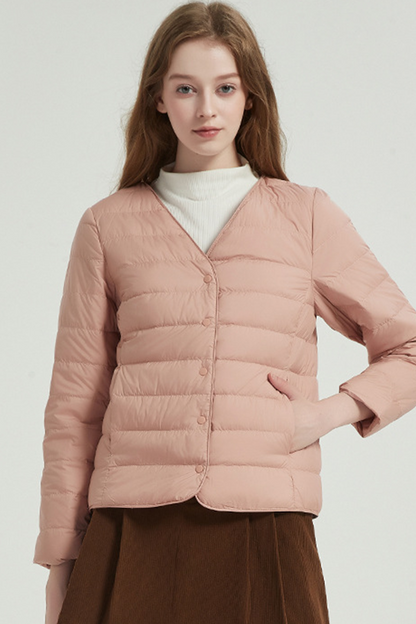 Casual Pocket Buttons White duck down V Neck Outerwear(Down content 86%~90%)(3 Colors)