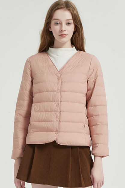 Casual Pocket Buttons White duck down V Neck Outerwear(Down content 86%~90%)(3 Colors)