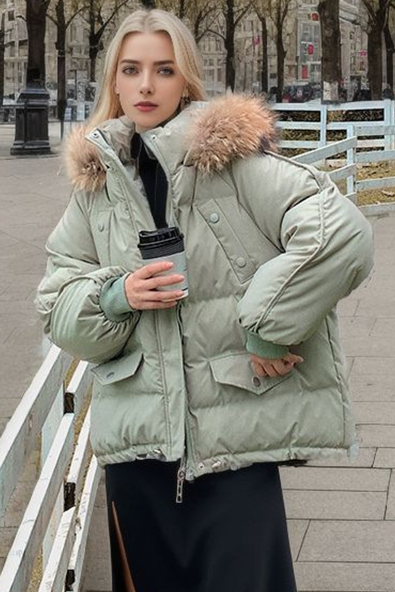 Casual Pocket Patchwork Fluffy Down cotton Hooded Outerwear(3 Colors)