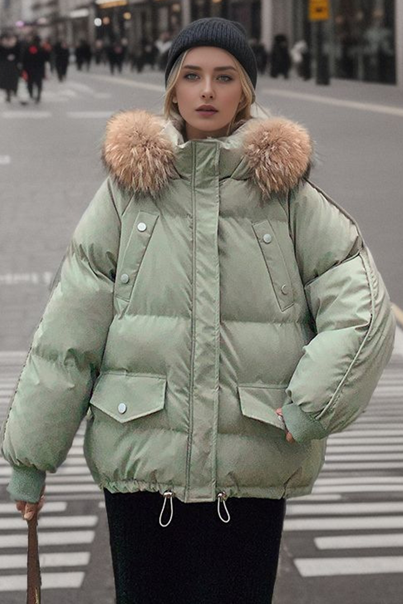 Casual Pocket Patchwork Fluffy Down cotton Hooded Outerwear(3 Colors)