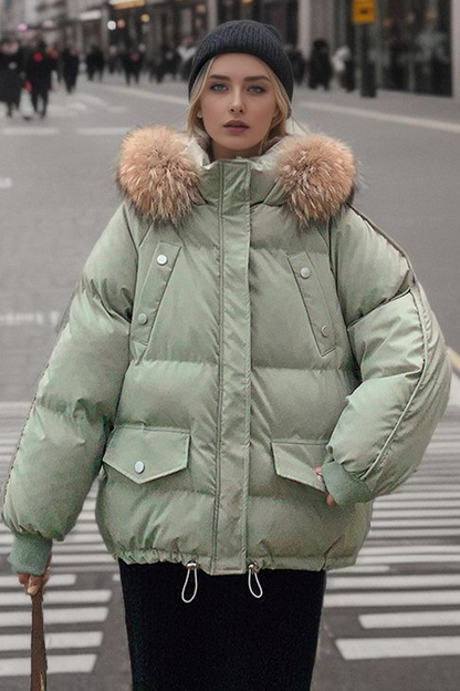 Casual Pocket Patchwork Fluffy Down cotton Hooded Outerwear(3 Colors)