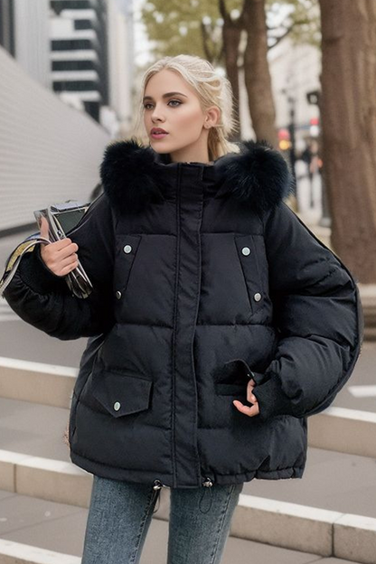 Casual Pocket Patchwork Fluffy Down cotton Hooded Outerwear(3 Colors)