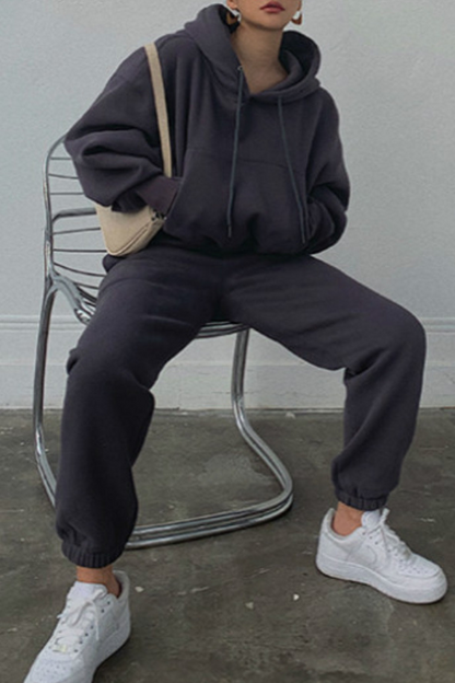 Casual Draw String Pocket Hooded Long Sleeve Two Pieces(5 Colors)