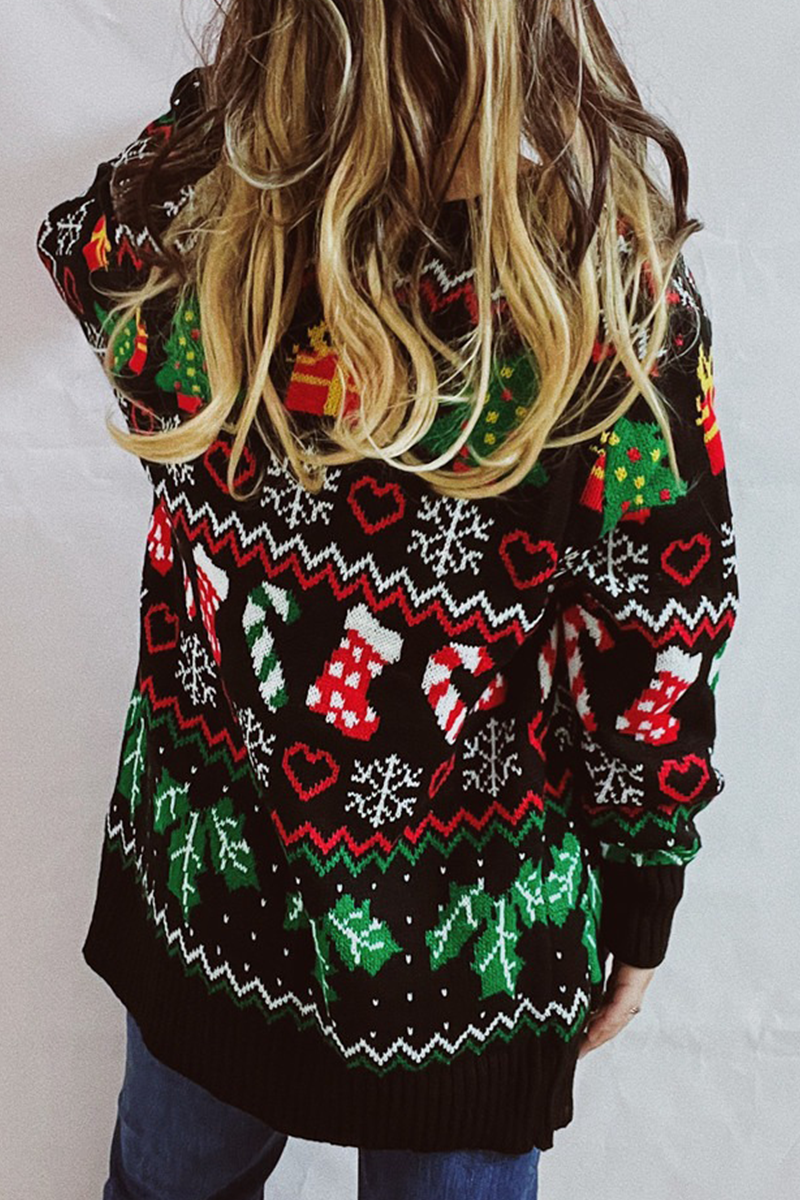 Prenda exterior informal con cuello en V, botones y copos de nieve en el árbol de Navidad