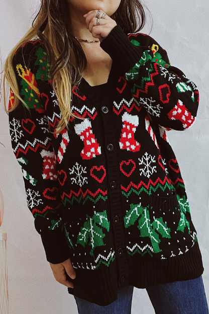 Prenda exterior informal con cuello en V, botones y copos de nieve en el árbol de Navidad